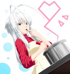 Rule 34 | 1girl, animal ears, antenna hair, apron, blue eyes, chocolate, chocolate making, cooking, dutch angle, finger sucking, finger to mouth, flat chest, green eyes, heart, highres, kentairui, ladle, long hair, mitsuha (kenntairui), mitsuha (kentairui), original, polka dot, pot, sleeves pushed up, solo, standing, sweater, turtleneck, white hair