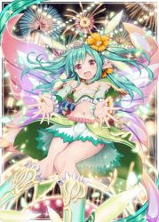 Rule 34 | 1girl, :d, akkijin, blue hair, boots, breasts, cape, card (medium), carnival, cleavage, crown, dress, fairy, fairy wings, fireworks, flower, green cape, green dress, hair flower, hair ornament, official art, open mouth, pixie servant (shinkai no valkyrie), pointy ears, red eyes, shinkai no valkyrie, smile, solo, wings, yellow flower