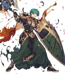 Rule 34 | 1boy, axe, battle axe, cape, damaged, ephraim (fire emblem), ephraim (twin refulgence) (fire emblem), ephraim (twin refulgence) (resplendent) (fire emblem), fire emblem, fire emblem: the sacred stones, fire emblem heroes, gold trim, green eyes, highres, holding, holding axe, holding shield, nintendo, non-web source, official alternate costume, official art, red cape, shield, solo, torn cape, torn clothes, weapon