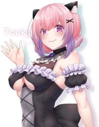 Rule 34 | 1girl, animal ear fluff, animal ears, back bow, black bow, black dress, bow, breasts, busou kanojo, cat ears, character name, closed mouth, dress, eyeshadow, frills, fujisaki touka, hair ornament, heart, highres, large breasts, looking at viewer, makeup, medium breasts, mole, mole on breast, multicolored hair, purple eyes, purple eyeshadow, purple hair, simple background, smile, solo, strelka belca, two-tone hair, underboob, upper body, virtual youtuber, waving, white background, x hair ornament