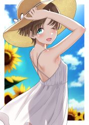 Rule 34 | 1girl, armpits, backless outfit, blue eyes, blush, breasts, brown hair, dress, flower, hat, highres, joanna elizabeth stafford, looking at viewer, luminous witches, nora neko (fjya7473), one eye closed, open mouth, outdoors, short hair, shoulder blades, sky, small breasts, smile, solo, straw hat, sunflower, white dress, wink, world witches series