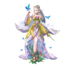 Rule 34 | 1girl, absurdres, alternate costume, animal, bird, blue eyes, breasts, bug, butterfly, commentary request, covered collarbone, dagger, detached sleeves, dress, earrings, eir (fire emblem), fire emblem, fire emblem heroes, flower, flower earrings, frills, full body, gold trim, grey hair, haccan, hair ornament, highres, holding, holding weapon, insect, jewelry, knife, long dress, long hair, looking at viewer, medium breasts, nintendo, official art, parted lips, ponytail, sandals, see-through, simple background, smile, standing, tiara, toeless footwear, toes, very long hair, weapon, white background, wide sleeves
