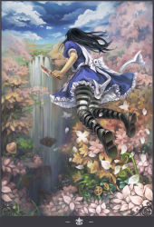 Rule 34 | 1girl, alice: madness returns, alice (alice in wonderland), alice in wonderland, alice liddell (american mcgee&#039;s alice), american mcgee&#039;s alice, american mcgee's alice, bad id, bad pixiv id, black hair, boots, bow, cloud, day, dress, flower, frills, highres, knife, moie, pantyhose, solo, striped clothes, striped pantyhose, water, waterfall