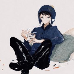 Rule 34 | amiyakinyu, bad id, bad tumblr id, black eyes, black footwear, black hair, black pants, blue hat, character request, check character, chullo, cup, drinking straw, hat, highres, holding, holding cup, long sleeves, looking at viewer, male focus, pants, pillow, short hair, sitting, solo, south park, stan marsh, white background