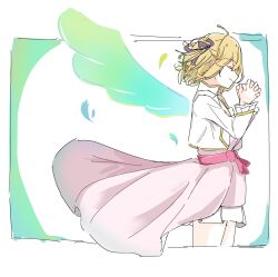 Rule 34 | 1girl, ahoge, anisphia wynn palettia, black ribbon, blonde hair, commentary request, cowboy shot, falling feathers, feathers, from side, hair ribbon, highres, jacket, mato hima, own hands clasped, own hands together, pink skirt, ribbon, short hair, skirt, smile, solo, tensei oujo to tensai reijou no mahou kakumei, white jacket