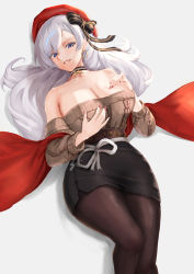 Rule 34 | 1girl, absurdres, aran sweater, azur lane, bare shoulders, belfast (azur lane), belfast (shopping with the head maid) (azur lane), beret, black bow, black choker, black pantyhose, black skirt, blue eyes, bow, breasts, brown sweater, cable knit, choker, cleavage, commentary request, earrings, feet out of frame, grey background, grin, hair bow, hat, highres, hoop earrings, jewelry, large breasts, long hair, long sleeves, looking at viewer, miniskirt, mippei, nail polish, off-shoulder sweater, off shoulder, official alternate costume, pantyhose, pencil skirt, red hat, red nails, shawl, silver hair, simple background, skirt, smile, solo, sweater, thighs
