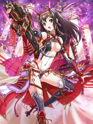 Rule 34 | 1girl, arm guards, armor, bare shoulders, black thighhighs, bodysuit, breasts, brown eyes, brown hair, center opening, chaki-yam, cleavage, covered navel, flag, garter straps, gun, horns, japanese armor, knee pads, kote, leg up, long hair, open mouth, original, sidelocks, solo, standing, standing on one leg, thighhighs, weapon, white thighhighs