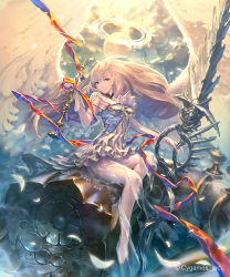 Rule 34 | 1girl, armor, barefoot, blue eyes, boobplate, breastplate, breasts, cloud, cloudy sky, day, dress, feathered wings, floating hair, full body, gloves, highres, hisakata souji, holding, holding sword, holding weapon, long hair, looking at viewer, medium breasts, orange ribbon, outdoors, ribbon, see-through, shingeki no bahamut, short dress, sideboob, silver hair, sitting, sky, sleeveless, sleeveless dress, solo, sword, very long hair, weapon, white dress, white gloves, white wings, wings