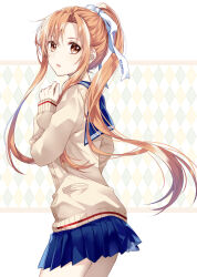 Rule 34 | 1girl, argyle, argyle background, argyle clothes, asuna (sao), asymmetrical bangs, blue sailor collar, blue skirt, brown eyes, brown hair, brown sweater, cowboy shot, facing to the side, from side, hair ribbon, hand up, highres, istriri, long sleeves, looking at viewer, official alternate costume, official alternate hairstyle, open mouth, pleated skirt, ponytail, ribbon, sailor collar, sidelocks, skirt, solo, sweater, sword art online, sword art online: memory defrag, twitter username, white background, white ribbon