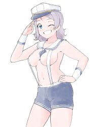 Rule 34 | 1girl, absurdres, blue eyes, breasts, cleavage, commentary, english commentary, grey hair, grin, groin, hat, highres, love live!, love live! sunshine!!, medium breasts, navel, one eye closed, sailor collar, salute, short hair, simple background, smile, solo, stepen, stomach, suspenders, thighs, watanabe you, white background, white hat, white wrist cuffs, wrist cuffs