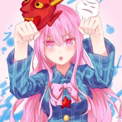 Rule 34 | 1girl, bad id, bad pixiv id, blush, bow, breasts, commentary request, hata no kokoro, highres, long hair, long sleeves, looking at viewer, mask, mouth mask, oni mask, open mouth, paw pose, pink eyes, pink hair, plaid, plaid shirt, shirt, solo, touhou, upper body, very long hair, wide sleeves, yonaga (masa07240)