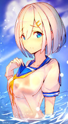 Rule 34 | 10s, 1girl, absurdres, blue eyes, breasts, collarbone, embarrassed, enj!, from side, gloves, hair over one eye, hamakaze (kancolle), highres, kantai collection, large breasts, looking at viewer, partially submerged, school uniform, see-through, serafuku, shirt, short hair, short sleeves, silver hair, solo, upper body, wet, wet clothes, wet shirt, white gloves