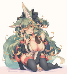 Rule 34 | 1girl, animal ear fluff, animal ears, between breasts, black thighhighs, breasts, candy, chocolate, chocolate heart, closed mouth, collarbone, commentary request, food, green eyes, green hair, heart, highres, kneeling, kuromiya, kuromiya raika, large breasts, looking at viewer, multicolored hair, one eye closed, original, smile, solo, thighhighs, two-tone hair, valentine