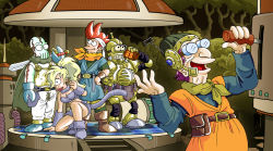 Rule 34 | 1girl, 3boys, alien, ayla (chrono trigger), ayla (chrono trigger) (cosplay), bender bending rodriguez, blonde hair, breasts, character request, chrono (series), chrono trigger, coke-bottle glasses, cosplay, crab, crono (chrono trigger), crono (chrono trigger) (cosplay), crossover, cyclops, forest, frog, frog (chrono trigger), frog (chrono trigger) (cosplay), futurama, glasses, hands on own hips, high ponytail, hubert j farnsworth, john a zoidberg, large breasts, lipstick, lucca ashtear, lucca ashtear (cosplay), makeup, midriff, multiple boys, nature, old, old man, on one knee, one-eyed, parody, philip j fry, ponytail, robo (chrono trigger), robo (chrono trigger) (cosplay), robot, smile, spoilers, sword, tail, turanga leela, weapon