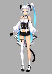 Rule 34 | 1girl, animal ears, asymmetrical legwear, bad id, bad pixiv id, bare shoulders, black footwear, black gloves, black shorts, blue eyes, blue hair, cat ears, cat girl, cat tail, character request, commentary request, dark-skinned female, dark skin, detached sleeves, full body, gloves, grey background, high ponytail, long sleeves, multicolored hair, navel, original, puffy long sleeves, puffy sleeves, shirt, shoes, short shorts, shorts, side ponytail, silver hair, simple background, single sock, single thighhigh, socks, solo, standing, tail, thick eyebrows, thighhighs, two-tone hair, underbust, uneven legwear, virtual youtuber, white shirt, white socks, yamano uzura
