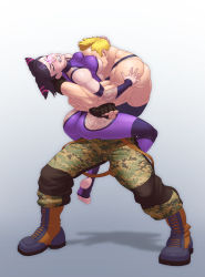 Rule 34 | 1boy, 1girl, abel (street fighter), alternate costume, ass, bearhug, blush, bodysuit, breasts, capcom, clenched teeth, covered erect nipples, drill hair, french text, glowing, glowing eye, han juri, held up, hetero, hug, jiggeh, large breasts, muscular, purple bodysuit, short twintails, skin tight, street fighter, street fighter iv (series), sweat, teeth, twin drills, twintails, underboob, wince, wrestling