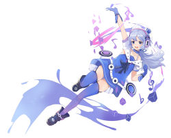 Rule 34 | 1girl, :d, arm up, bare shoulders, beamed eighth notes, belt, blue eyes, boots, cube, detached collar, dress, eighth note, einri, flat sign, full body, garter straps, gloves, gradient legwear, hair ribbon, hat, headphones, highres, keyhole, leg up, low ponytail, mascot, musical note, off shoulder, open mouth, original, paint splatter, purple dress, purple thighhighs, ribbon, shrug (clothing), silver hair, smile, thighhighs, treble clef, white background, zettai ryouiki