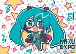 Rule 34 | 1girl, :d, black skirt, black sleeves, blue eyes, blue hair, blue necktie, boots, cape, chibi, collared shirt, commentary request, detached sleeves, eye mask, full body, grey footwear, grey shirt, hair between eyes, hair ornament, hatsune miku, hatsune miku expo, irask, long hair, long sleeves, looking at viewer, medium bangs, musical note, necktie, open mouth, pink cape, pleated skirt, polka dot, polka dot background, shirt, skirt, sleeveless, sleeveless shirt, smile, solo, spanish commentary, star (symbol), thigh boots, twintails, very long hair, vocaloid
