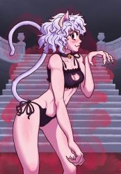 Rule 34 | 1girl, animal ears, blush, breasts, cat ears, cat girl, cat lingerie, cat tail, claws, fetish wear, highres, hunter x hunter, jamjambruh, large breasts, meme attire, messy hair, neck bell, neferpitou, red eyes, short hair, solo, tail, white hair, white tail