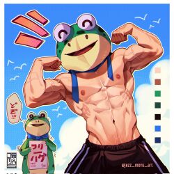 Rule 34 | 2boys, abs, animal costume, bara, biceps, black shorts, double biceps pose, flexing, frog costume, highres, jezz mons art, large pectorals, male focus, multiple boys, muscular, muscular male, navel, nipples, original, pectorals, shorts, topless male, translation request, twitter username