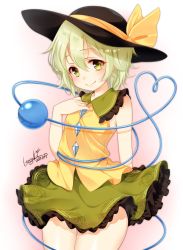 Rule 34 | 1girl, adapted costume, arm behind back, armpit peek, artist name, bad id, bad twitter id, black hat, blush, closed mouth, commentary request, cowboy shot, dated, floral print, gradient background, green eyes, green hair, green skirt, hair between eyes, hand on own chest, haruki (colorful macaron), hat, hat ribbon, heart, heart of string, highres, komeiji koishi, lips, looking at viewer, ribbon, rose print, shirt, short hair, simple background, skirt, sleeveless, smile, solo, third eye, touhou, yellow ribbon, yellow shirt