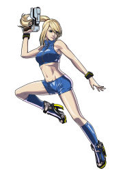 Rule 34 | 1girl, ankle boots, armpits, bad id, bad pixiv id, bare shoulders, blonde hair, blue eyes, blue footwear, blue shorts, boots, bracelet, breasts, crop top, full body, gun, hair between eyes, hair tie, halterneck, hand up, handgun, high heel boots, high heels, high ponytail, holding, holding gun, holding weapon, jewelry, jumping, knee boots, leg up, lips, looking to the side, medium breasts, metroid, metroid fusion, midriff, mole, mole under mouth, navel, neon trim, nintendo, oda takayuki, ponytail, samus aran, serious, short shorts, shorts, sidelocks, simple background, solo, super smash bros., swept bangs, trigger discipline, turtleneck, weapon, white background, wristband
