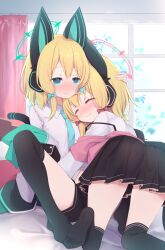 Rule 34 | 2girls, all fours, animal ear headphones, animal ears, arashiya, ass, bed, black shorts, black skirt, black thighhighs, blonde hair, blue archive, blue necktie, blush, bow, cat ear headphones, cat ears, cat tail, closed eyes, fake animal ears, fake tail, feet, green eyes, green halo, hair bow, halo, hand on another&#039;s head, headphones, hug, indoors, jacket, low-tied sidelocks, midori (blue archive), momoi (blue archive), multiple girls, necktie, no shoes, off shoulder, pink halo, pleated skirt, ribbon, shirt, short hair, shorts, siblings, sisters, sitting, skirt, smile, soles, spread legs, tail, thighhighs, thighs, twins, white jacket, white shirt, window