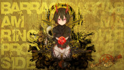 Rule 34 | 1girl, album cover, black dress, black hair, blood, breasts, capelet, cover, cupping hands, dress, english text, expressionless, highres, horns, horse, looking at viewer, monster girl, original, own hands together, palms, phonograph, red eyes, rib:y(uhki), short hair, smile, solo, television, text background, text focus