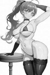 Rule 34 | 1girl, absurdres, arm behind head, arm support, arm up, armpits, bikini, blush, breasts, choker, closed mouth, collarbone, commentary, covered erect nipples, dolla (nikke), embarrassed, gloves, goddess of victory: nikke, greyscale, highres, horai sennkyo, long hair, micro bikini, monochrome, navel, ponytail, simple background, skindentation, swimsuit, thighhighs, thighs, white background
