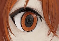 Rule 34 | 1girl, a.i. voice, adachi rei, artificial eye, character name, close-up, commentary, english commentary, english text, eye focus, eyeball, eyelashes, head out of frame, highres, lens eye, looking at viewer, mechanical eye, orange eyes, orange hair, rabideli, text in eyes, utau