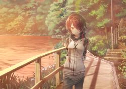 Rule 34 | 1girl, absurdres, arknights, arms behind back, bad id, bad pixiv id, black pantyhose, black skirt, breasts, brown eyes, closed mouth, commentary request, exusiai (arknights), forest, goyain, halo, highres, jacket, looking at viewer, nature, outdoors, pantyhose, pole, railing, red hair, short hair, short sleeves, skirt, small breasts, smile, solo, stairs, sunset, water, white jacket