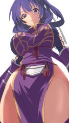 Rule 34 | 1girl, ahonoko, ao no kiseki, breasts, china dress, chinese clothes, closed mouth, clothing cutout, commentary, cowboy shot, cross-laced clothes, cross-laced cutout, crotch plate, dress, eiyuu densetsu, expressionless, from below, gauntlets, hair ribbon, hair rings, highres, large breasts, looking at viewer, looking down, medium hair, pelvic curtain, purple dress, purple eyes, purple hair, ribbon, rixia mao, simple background, solo, standing, thighs, white background, white ribbon, zero no kiseki