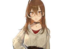 Rule 34 | 1girl, absurdres, ahoge, berry, black choker, brown eyes, brown hair, brown skirt, choker, crossed bangs, earrings, food-themed earrings, glasses, hand on own hip, highres, hololive, hololive english, jewelry, looking at viewer, lucadark art, multicolored hair, nanashi mumei, nanashi mumei (casual), necklace, official alternate costume, oversized clothes, parted lips, plaid, plaid skirt, red shirt, round eyewear, shirt, skirt, streaked hair, sweater, virtual youtuber, white sweater