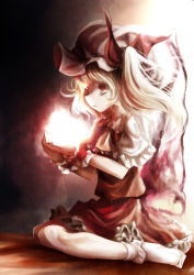Rule 34 | 1girl, ascot, blonde hair, bobby socks, expressionless, flandre scarlet, frilled skirt, frills, from side, glowing hands, gradient background, hat, hat ribbon, highres, indoors, kurona, looking to the side, mob cap, no shoes, own hands together, profile, red eyes, red skirt, red vest, ribbon, short hair, side ponytail, sitting, skirt, skirt set, socks, solo, touhou, vest, wariza, white socks, wings, wrist cuffs