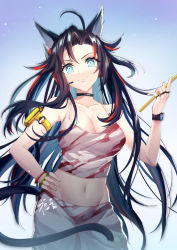Rule 34 | 1girl, ahoge, animal ears, arknights, armband, black choker, black hair, blaze (arknights), blaze (burst feline) (arknights), blue background, blue eyes, breasts, camisole, cat ears, cat tail, choker, cleavage, cowboy shot, crop top, drumsticks, gogatsu fukuin, groin, hand on own hip, hand up, holding, long hair, looking at viewer, medium breasts, messy hair, midriff, multicolored hair, navel, official alternate costume, red hair, smile, solo, spaghetti strap, standing, stomach, streaked hair, tail, very long hair, watch, wristwatch