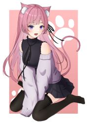 Rule 34 | absurdres, animal ear fluff, animal ears, bare shoulders, between legs, black ribbon, black shirt, black skirt, black thighhighs, breasts, cat ears, cat tail, eyebrows hidden by hair, fang, frilled shirt, frilled shirt collar, frills, garter belt, hand between legs, highres, indie utaite, indie virtual youtuber, jacket, knees together feet apart, long hair, medium breasts, mikeneko (vtuber), mikeneko (vtuber) (old design), niconico, open mouth, patterned, paw print, pink hair, purple eyes, ribbon, seiza, shirt, sidelocks, simple background, sitting, skirt, sleeveless, sleeveless shirt, sweater jacket, tail, thighhighs, two-tone background, water (pixiv 55477293), white background