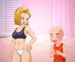 Rule 34 | 1girl, android 18, atori akinao, bald, bare arms, bare legs, bare shoulders, bed, black tank top, blonde hair, blue eyes, blush, bob cut, breasts, cleavage, cowboy shot, dragon ball, dragonball z, hand on own hip, height difference, highres, indoors, kuririn, large breasts, legs, looking at another, looking back, medium breasts, midriff, navel, open mouth, panties, short hair, sleeveless, standing, sweatdrop, tank top, thighs, underwear, white panties