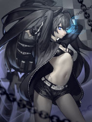 Rule 34 | 1girl, arched back, arms up, belt, belt buckle, bikini, bikini top only, bikini under clothes, black bikini, black coat, black hair, black rock shooter, black rock shooter (character), black shorts, blue eyes, blue fire, blurry, blurry foreground, breasts, buckle, chain, checkered background, cleavage, coat, fire, flaming eye, hair between eyes, highres, hood, hood down, hooded coat, long hair, long sleeves, midriff, navel, open clothes, open coat, scar, short shorts, shorts, small breasts, solo, standing, stomach, swimsuit, thinker 0616, twintails, unzipped, very long hair, white belt