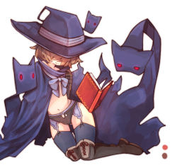 Rule 34 | 1girl, black headwear, book, boots, brown hair, cape, character request, commentary, commentary request, floating, floating book, floating object, hat, highres, imagawa (imaima2535), ishuzoku reviewers, messy hair, short hair, smile, thighhighs, witch, witch hat