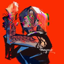 Rule 34 | 1girl, arms up, brown eyes, brown hair, glitch, highres, jujutsu kaisen, kugisaki nobara, looking at viewer, medium hair, meyoco, parted lips, red background, signature, simple background, sleeveless, solo, upper body