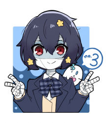 Rule 34 | 1girl, bandaged hand, bandages, black bow, black hair, bow, brown cardigan, cardigan, closed mouth, collared shirt, commentary request, cropped torso, double v, dress shirt, flower, hair between eyes, hair flower, hair ornament, hands up, looking at viewer, mizuno ai, nozo (hitomiz), patchwork skin, plaid, plaid bow, red eyes, school uniform, shirt, smile, solo, unmoving pattern, upper body, v, white shirt, yellow flower, zombie land saga