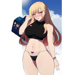 Rule 34 | 1girl, absurdres, armpit crease, artist name, bag, black choker, black tank top, blonde hair, blue sky, blush, bow, bowtie, bracelet, breasts, choker, cloud, ear piercing, earrings, highres, holding, holding bag, hycatoart, jewelry, kitagawa marin, large breasts, lingerie, long hair, looking at viewer, mixed-language commentary, navel, panties, parted bangs, piercing, pink eyes, purple bow, purple bowtie, red lips, signature, sky, smile, solo, sono bisque doll wa koi wo suru, sweat, swimsuit, tank top, underwear, white background
