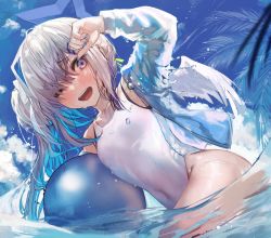 Rule 34 | 1girl, ;d, akieda, amane kanata, angel wings, arm up, blue hair, blue nails, blush, breasts, cloud, covered navel, day, from side, hair between eyes, halo, highres, hololive, jacket, long hair, long sleeves, looking at viewer, multicolored hair, nail polish, one-piece swimsuit, one eye closed, open clothes, open jacket, open mouth, outdoors, palm leaf, pink hair, small breasts, smile, solo, star halo, streaked hair, swimsuit, virtual youtuber, water, white hair, white one-piece swimsuit, wings