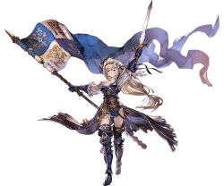 Rule 34 | &gt;:(, 10s, 1girl, arm up, armor, armored dress, banner, bare shoulders, belt, belt skirt, black thighhighs, blonde hair, boots, breasts, cleavage, dress, flag, flower, frown, full body, gauntlets, granblue fantasy, hair flower, hair ornament, holding, holding sword, holding weapon, jeanne d&#039;arc (granblue fantasy), lily (flower), long hair, low-tied long hair, minaba hideo, official art, overskirt, purple dress, purple eyes, short dress, solo, sword, thighhighs, transparent background, v-shaped eyebrows, very long hair, weapon
