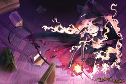 Rule 34 | 1girl, bad id, bad twitter id, black footwear, black skirt, black thighhighs, blonde hair, book, bookshelf, cape, carnelian, copyright name, dark, falling, floating, floating book, floating object, full body, garter straps, hand on own face, hat, highres, lace, lace-trimmed legwear, lace trim, lamp, lantern, latex, library, lilith (yamibou), long hair, looking at viewer, mary janes, miniskirt, official art, purple eyes, riding crop, shiny clothes, shiny legwear, shoes, skirt, solo, thighhighs, too many, too many books, very long hair, voile, wavy hair, witch, witch hat, yami to boushi to hon no tabibito