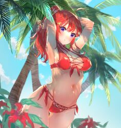 Rule 34 | 1girl, ahoge, aibon, armpits, bikini, blue eyes, blue sky, breasts, closed mouth, cloud, commentary request, covered nipples, flower, go-toubun no hanayome, hair ornament, hair tie, large breasts, light blush, long hair, looking at viewer, nakano itsuki, navel, outdoors, palm tree, ponytail, red bikini, red flower, red hair, side-tie bikini bottom, sky, solo, star (symbol), star hair ornament, swimsuit, tree, tying hair