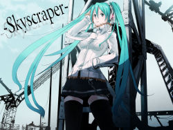 Rule 34 | 1girl, blue hair, blush, building, casual, hand in pocket, hatsune miku, headphones, long hair, mille (dieci), mirre, skirt, skyscraper, solo, song name, thighhighs, twintails, very long hair, vocaloid, zettai ryouiki