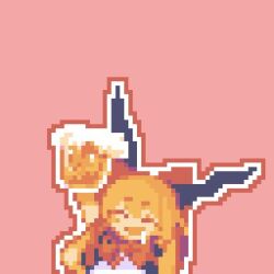 Rule 34 | 1girl, alcohol, beer, beer mug, bow, closed eyes, cuffs, cup, drooling, hair bow, holding, holding cup, horn bow, horn ornament, horns, ibuki suika, lowres, mug, oni, open mouth, orange hair, pixel art, saliva, smile, solo, tea basira, touhou