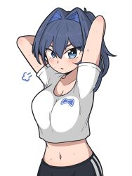 Rule 34 | 1girl, alternate costume, arms behind head, arms up, blue eyes, blue hair, blush, bow print, breasts, breath, collarbone, commentary, english commentary, hair intakes, highres, hololive, hololive english, large breasts, looking at viewer, midriff, navel, ouro kronii, pants, parted lips, shirt, simple background, t-shirt, track pants, underdatv, upper body, virtual youtuber, white background, white shirt