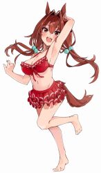 Rule 34 | 1girl, animal ears, arm behind head, arm up, barefoot, beads, bikini, bikini skirt, blush, breasts, brown hair, cleavage, daiwa scarlet (trifle vacation) (umamusume), daiwa scarlet (umamusume), fang, frilled bikini, frills, full body, hair beads, hair between eyes, hair intakes, hair ornament, halterneck, highres, horse ears, horse girl, horse tail, long hair, looking at viewer, low twintails, medium breasts, navel, open mouth, red bikini, red eyes, simple background, skin fang, smile, solo, standing, standing on one leg, swimsuit, tail, techi (siro-white 0803), toes, twintails, umamusume, white background